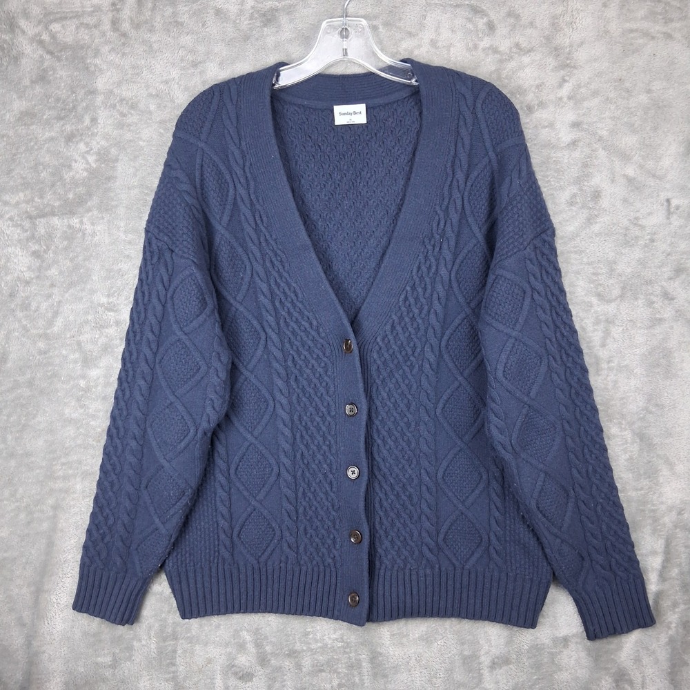 Sunday Best Aritzia Navy Blue Merino Wool Cotton Cable Knit Cardigan Sweater M